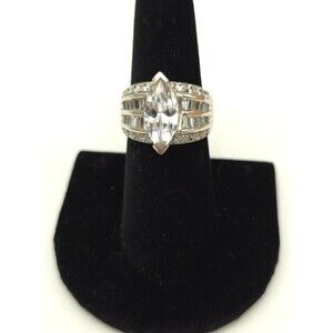 925 Sterling Silver CZ Marquise & Baguette Ring Size 7‎ Vtg HSN "R"